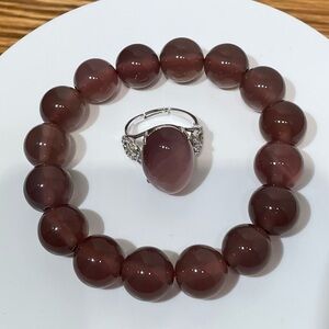 925 Sterling Silver Amethyst Cabochon Ring and Stretchable Amethyst Bracelet Set